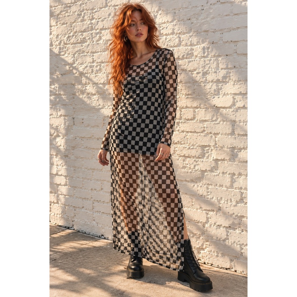 Haute Mess Black White Mesh Checkered Maxi Dress Ska Racing Goth Size 27 XL